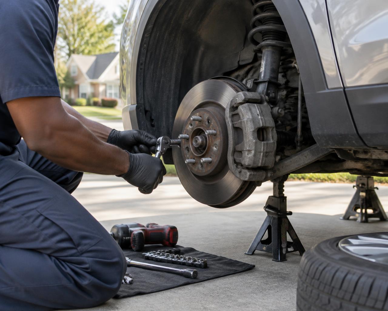 Mechanic servicing the exposed brake assembly of a vehicle at a residential driveway